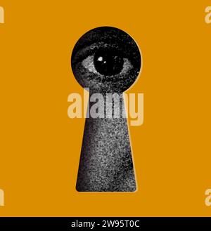 90s trendy art collage, human eye looking through keyhole. Design concept for curiosity, stalker, security, voyeurism and surveillance Stock Vector