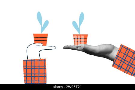 Environmental care card vector illustration. Human hands holding potted plant in trendy halftone retro collage mixed media 90s style with flat line ar Stock Vector