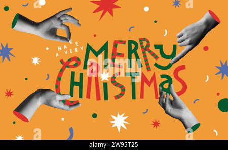 Merry Christmas greeting card vector illustration. Deco xmas festive text quote and human hands in trendy halftone collage mixed media 90s style. Frie Stock Vector