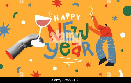 Happy New Year greeting card vector illustration, flat cartoon couple doing drink toast in fun holiday party doodle background. Human hands in trendy Stock Vector