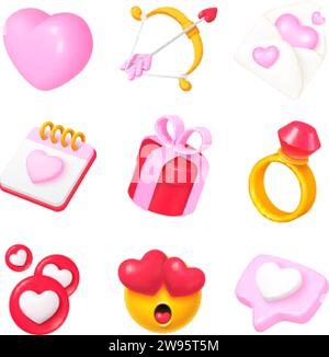 3d romantic love icons. Render couple hearts happy romance advertising, valentine day cupid bow sign marriage envelope gift calendar set vector illustration of heart love romantic, calendar and ring Stock Vector