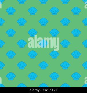 Seashell seamless pattern on the green background Stock Vector