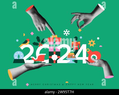 Merry Christmas and Happy New Year 2024 vector illustration. Abstract flat cartoon decoration in modern geometric shape and human hands in trendy half Stock Vector