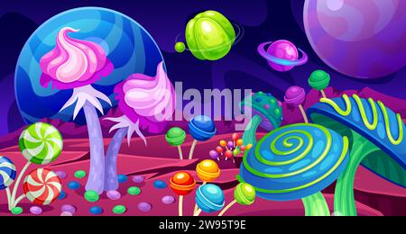 Candy planet landscape. Sweet space wonderland game background, pastry sweets magic confectionery world with lollipop tree, chocolate candies mushroom, neoteric vector illustration of landscape planet Stock Vector