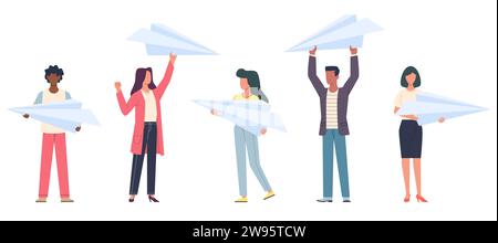 Set of people with paper airplanes. Men and women hold big origami plane. Startup and new business project. Letter delivery, send message. Cartoon Stock Vector