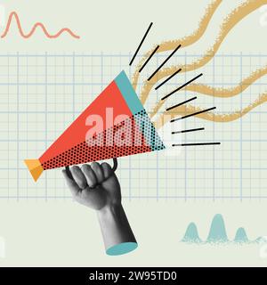 Communication idea vector card illustration. Human hand holding a megaphone in modern retro 90s style mixed media halftone collage and flat art elemen Stock Vector