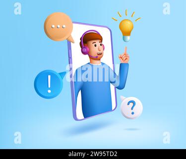 Customer support. 3d call service icon, professional client operator character in office contact, talk. Render isolated people. Consultant and assista Stock Vector
