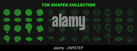Abstract wireframes, cyberpunk elements and perspective green grids on a spheres. Psychedelic y2k shapes. Rave vector elements or trendy psychedelic s Stock Vector