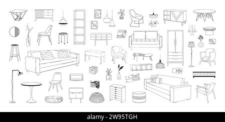 Home interior. Line table and chair sketch. Modern couch and plants in pots. Room decor. Hand drawn house cupboard. Lamp light. Pillows or blankets. F Stock Vector