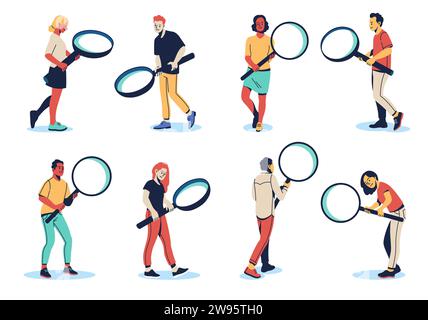 Set of people with magnifying glasses. Man and women hold optical tool. Search, research and analysis symbol. Zoom sign. Detective person. Finding Stock Vector