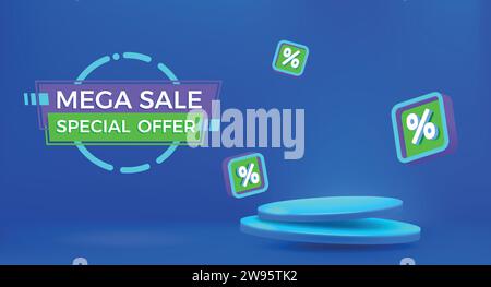 Sale banner. Special offer. 3d empty podium with blue lightning for discount product presentation, neon flash game show, battery sign, mega power scen Stock Vector