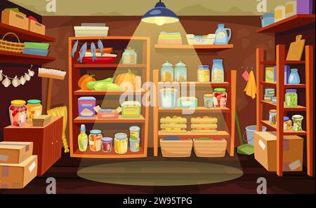 Pantry room. Kitchen cellar with food preserves conserved vegetables jars on organise shelves in garden house basement, home cupboard storage interior neoteric vector illustration of pantry room food Stock Vector