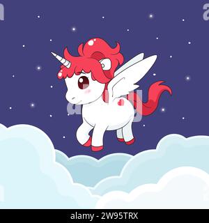 Cute unicorn with wings flying in the sky. Coloring book page for ...