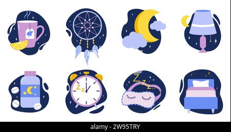 Night sleep. Nighttime relaxation. Bed pillow. Tea for relax. Dream catcher with feathers. Alarm clock. Goodnight cute drawing. Comfort in sky. Sleepi Stock Vector