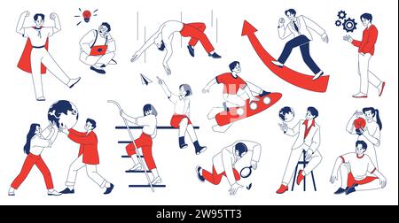 Doodle characters. Line office people. Detective or startup man. Success business job sketch. Growth arrow. Couple holding Earth. Woman with idea ligh Stock Vector