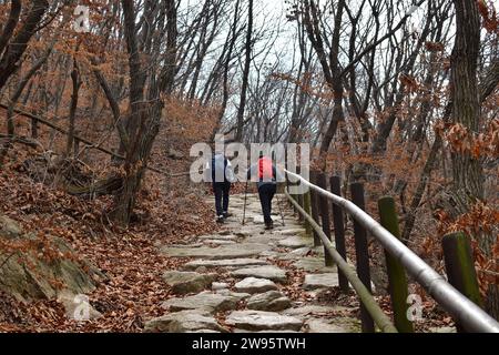 Two Korean hikers going up a mountainous trail in Bukhansan National Park Stock Photo