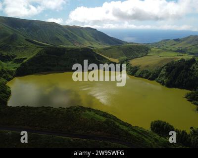 Green Lake and mountain ranges of Azores Stock Photo