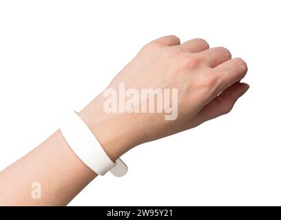 Silicon bracelet mock up on hand wrist isolated on white background Stock Photo