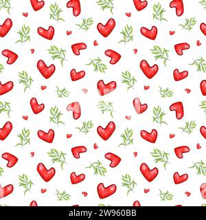 Spring seamless pattern with red hearts and fresh green plants. Floral ornate in transparent style. Watercolor illustration of romance heart. Stock Photo