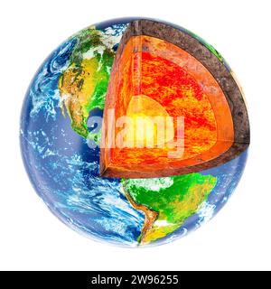 Detailed structure of Earth Globe. Cross-Sectional Earth Model, 3D rendering isolated on white background Stock Photo