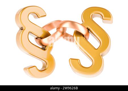 Wedding gold rings with section, paragraph symbols. 3D rendering isolated on white background Stock Photo