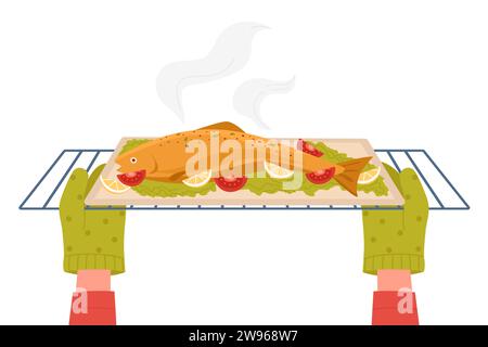 Cartoon chef cooking fish in home kitchen, making dinner flat vector illustration. Tasty food recipe, cooking concept. Hands in gloves taking out tray of fish from baking oven. Stock Vector