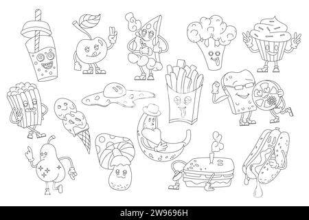 Groovy line food stickers set. Funny crazy characters of breakfast and takeaway fast food collection, comic mascots of mushroom and apple, pizza and sandwich, cupcake in outline vector illustrations Stock Vector