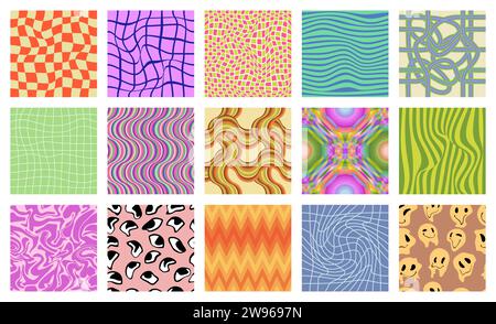 Groovy psychedelic pattern set. Funky artistic hippie background collection with waves on checkerboard print, liquid twirls and swirls, surreal eyes and emoji faces melt cartoon vector illustration Stock Vector