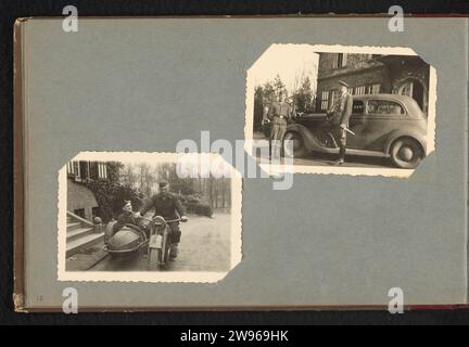 Car and motor with sidecar, Anonymous, 1940 - 1945 photograph Album magazine with two photos of German soldiers in a car and on a motor with sidecar. Part of a photo album about the service of Dieter Glitsch from Hardegsen during the Second World War and the following years. Germany (possibly) photographic support. paper gelatin silver print automobile. motor-cycles and other two-wheeled motor-vehicles. modern forms of military vehicles Germany Stock Photo