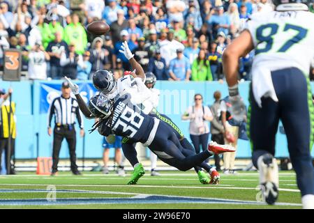 December 24, 2023: Tennessee Titans safety Terrell Edmunds (38) breaks up a pass thrown to Seattle Seahawks wide receiver DK Metcalf (14) during the second half of an NFL game between the Seattle Seahawks and Tennessee Titans at Nissan Stadium in Nashville TN Steve Roberts/CSM Stock Photo