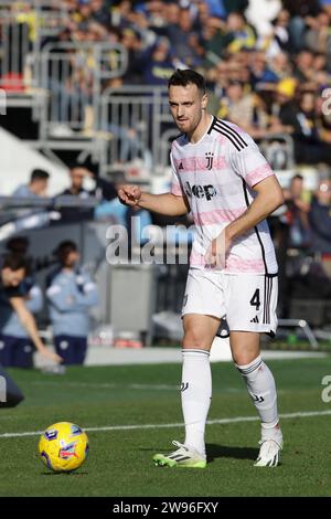 Juventus' Italian defender Federico Gatti controls the ball  during the Serie A football match between Frosinone Calcio vs Juventus FC at the Benito Stirpe stadium in Frosinone, Italy on December 23, 2023. Stock Photo