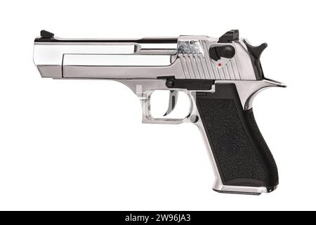 Modern semi-automatic silver pistol isolate on a white background. Armament for the army and police. Short-barreled weapon. Stock Photo
