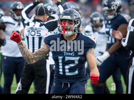 Nashville, Tennessee, USA. 24th Dec, 2023. Tennessee Titans wide receiver Mason Kinsey (12) reacts after a play in Nashville. (Credit Image: © Camden Hall/ZUMA Press Wire) EDITORIAL USAGE ONLY! Not for Commercial USAGE! Stock Photo