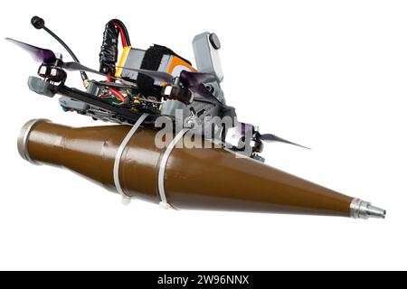 Combat FPV drone with anti tank RPG warhead - low cost loitering munition for modern war isolated on white background Stock Photo