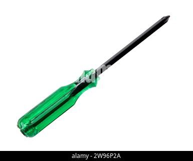 Black screwdriver with green handle is isolated on white background with clipping path. Stock Photo