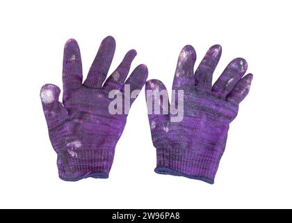 A pair of dirty purple gloves is isolated on white background with clipping path. Stock Photo