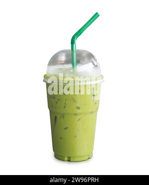 Iced matcha green tea with condensed milk in transparent plastic glass is isolated on white background with clipping path. Stock Photo