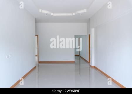 Empty living room with white wall in new finished house is prepared to be presented to visiting customers. Stock Photo
