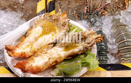 Grilled river prawns are on sale on super market in Thailand. Stock Photo