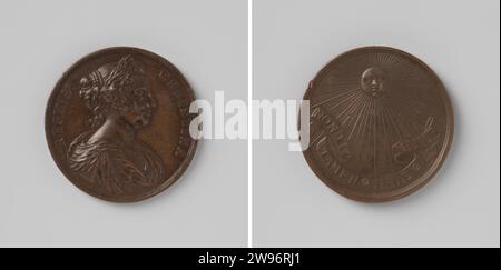 Transition from Christina van Sweden to the Roman Catholic Church, Anonymous, 1654 history medal Bronze medal. Front: breastpiece Woman with laurel wreath inside Cover. Tours side: radiant sun above pennant with inscription  bronze (metal) striking (metalworking) Stock Photo