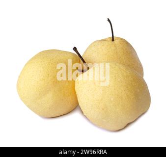 Three fresh yellow Chinese pears are isolated on white background with clipping path Stock Photo
