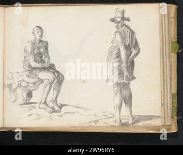 TWO LABOCKERS, ESAAASS BUOURSSEN, 1662  On the left on a rock along an uneven terrain is a man. A high hip dress (veshti, lungi) leaves his legs uncovered, as well as the upper body. On the right in his waist an object raises, perhaps a handle of a knife. The standing man on the right is dressed in a long shirt (kamisayas) of striped fabric - without sleeves - that rises to halfway through the thigh. On the bald head he wears a worn hat (Toppiya) with hat cord. Both men are probably put to the reconstruction in Colombo: the left man from South India, the judge an application of Jaffna. Page 68 Stock Photo