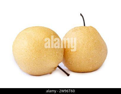 Two fresh yellow Chinese pears are isolated on white background with clipping path Stock Photo