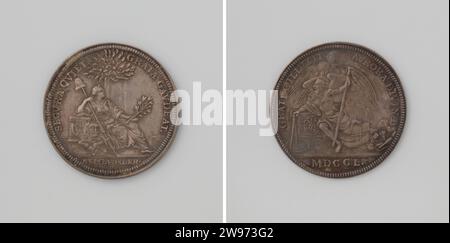 Start of the year 1750, Johan George Holtzhey, 1750  Silver medal. Front: Netherlands, depicted as a woman with freedom hat on lance and olive branch and sacrificial dish, is under fruit -bearing Oranjeboom; At her feet a lion with a bundle of arrows; With her right arm she leans on altar within Kantschrift; Cut: Inscription. Reverse: winged time with scyth in hand sits on a large suit, next to a stone with coat of arms on it; He draws a semicircle with a passer with a passer; On the right a torch, a dead beef, a yoke and other symbols of disaster in change; Cut: year Amsterdam silver (metal) Stock Photo
