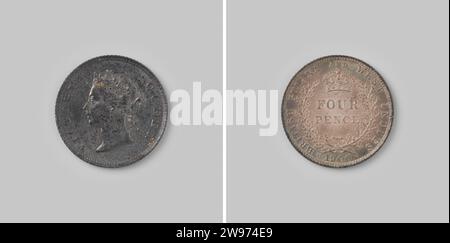 4 Pence from British Guiana and West Indies of Queen Victoria, 1900 ,, 1900 coin Silver coin. Front: crowned head of the queen to the left. Reverse: between two tied branches value designation in two lines, above which Kroon. Year at the bottom of the change. Cartel edge.  silver (metal) striking (metalworking) Stock Photo