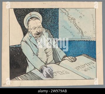 Annual balance in Belgium, Patricq Kroon, 1914 - 1918 drawing A gaping man sitting behind a desk looks at a book referred to as 'annual balance Belgium'. On the wall a map with the positions of the German and French troops in Belgium. Possibly Emperor Wilhelm II and the trench war during the First World War. Design for a political cartoon. Netherlands paper. ink. paint (coating) pen / brush political caricatures and satires Belgium Stock Photo