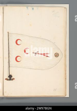 Flag of a North African state, Anonymous, 1667 - 1670 drawing Flag of a North African Islamic State. White flag with a two -pointed crooked sword between the left three half -moons and a rose on the right, with a rounded flight side. Flag on flagsteng and mast foot. Shown on folio 133r. Part of a flag book with flags from Europe, North Africa, Near and Far East. France paper. ink. watercolor (paint) pen / brush flag, colours (as symbol of the state, etc.) North Africa Stock Photo