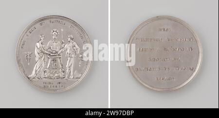 Tribute to William I Frederik, King of the Netherlands, Penning hit by the States of Hainaut under chairmanship of the Bousies, Jean Henri Simon, 1816 history medal Silver medal. Front: woman with crown, knight with lance and man with team, representing representatives of cities, knighthood and countryside, laying a hand on a book that is on altar; Based on altar crowned coat of arms; There are two lions at the foot of altar, whose tails are braided together; on the left mercury staff, right -filled horn of abundance within the change; Cut: Inscription. Reverse: Inscription Brussels silver (me Stock Photo