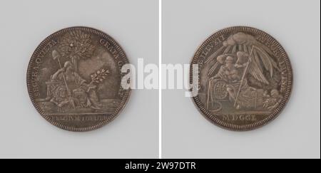 Start of the year 1750, Johan George Holtzhey, 1750  Silver medal. Front: Netherlands, depicted as a woman with freedom hat on lance and olive branch and sacrificial dish, is under fruit -bearing Oranjeboom; At her feet a lion with a bundle of arrows; With her right arm she leans on altar within Kantschrift; Cut: Inscription. Reverse: winged time with scyth in hand sits on a large suit, next to a stone with coat of arms on it; He draws a semicircle with a passer with a passer; On the right a torch, a dead beef, a yoke and other symbols of disaster in change; Cut: year Amsterdam silver (metal) Stock Photo