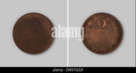 2 cent of the Nicaragua, 1887, 1887 coin Copper mint. Front: on two tied branches with a weapon triangle, in which mountains, behind which a shining sun with human face rising from the sea. Behind it, on which freedom hats. Reverse: between two tied branches of value designation in two lines, including year. Cartel edge. NB: Pattern (test)  copper (metal) striking (metalworking) Stock Photo